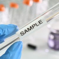 Testing swab being inserted test tube labeled sample
