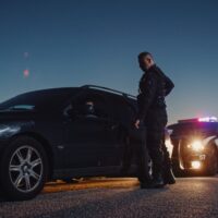 Portrait of a Cop Approaching a Pulled Over car